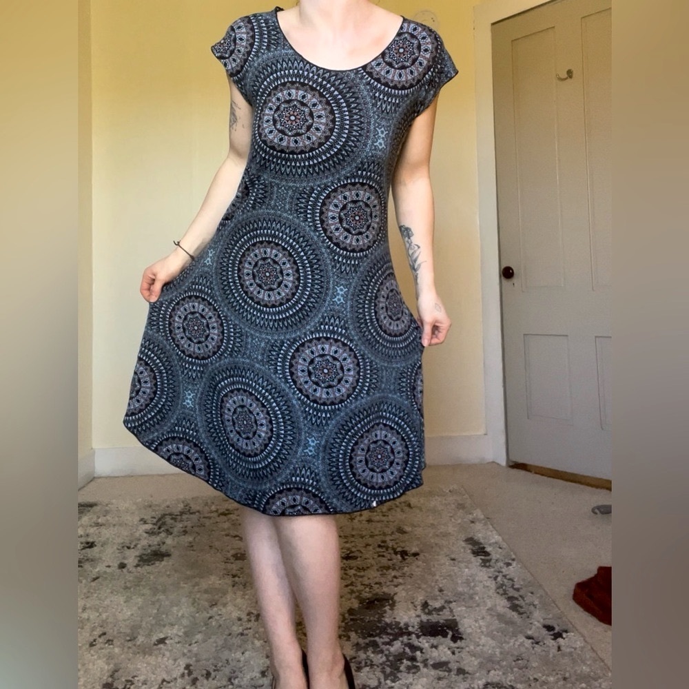 Mexicali Blues Casual Blue and Gray A-line Midi Dress Comfy Stretch Boho Summer